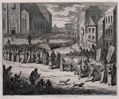 A Christian procession carrying a canopy and a statue of the Virgin Mary through a town, including flagellants