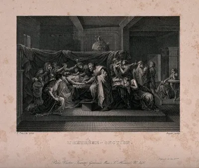 A Christian-Roman soldier is administered extreme unction by a priest