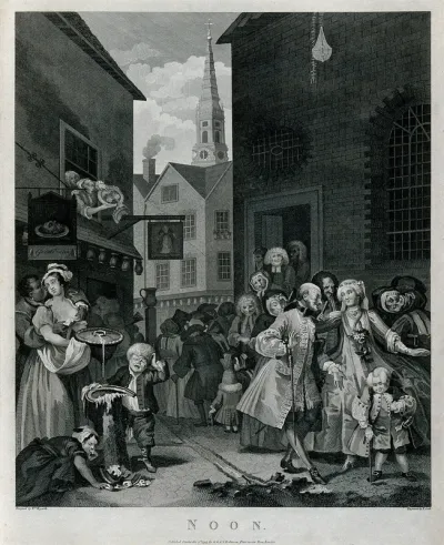 A church and a tavern are contrasted, just as the pious churchgoers and the lusty, eating and sloppy people who ignore the church; representing noon