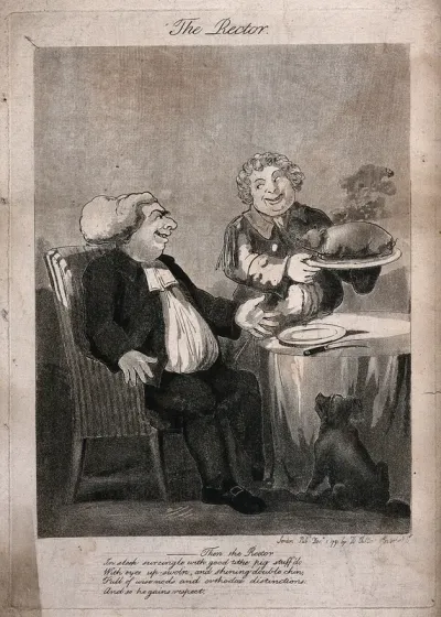 A Church of England rector seated at table as a servant brings a roasted pig on a dish