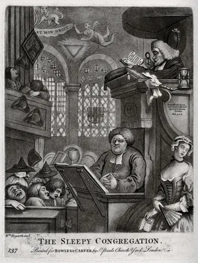 A clergyman reads the sermon with the aid of a magnifying glass to a sleeping congregation while another clergyman ogles a sleeping woman; satire on tedious sermons and the replacement of spirituality by sleep