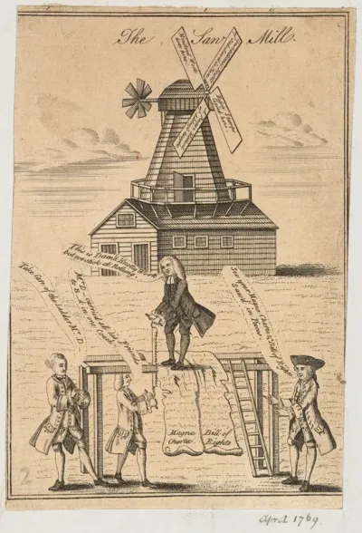 A cleric saws through a wooden platform on which are draped the 'Magna Charta' and the 'Bill of Rights' in front of a mill bearing political issues on the wind blades