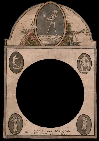 A clock dial on which a skeleton holds an oil lamp