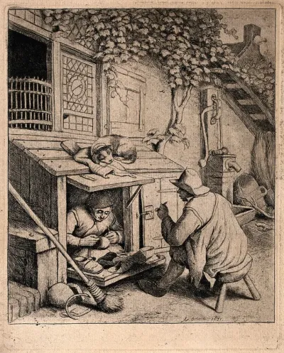 A clog-carver working in a daylight-basement with a window on to the street; another man sits on a stool in the street talking to him while smoking a pipe; a dog sleeps on the roof over the window
