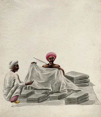 A cloth seller, measuring a piece of cloth for a customer