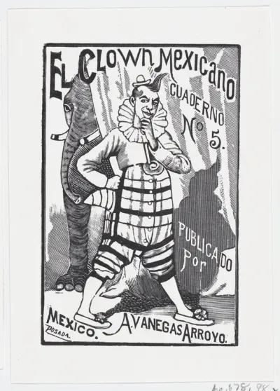 A clown standing with one hand on his hip and an elephant peering out from behind a curtain, illustration for 'El Clown Mexicano (The Mexican Clown)' published by Antonio Vanegas Arroyo