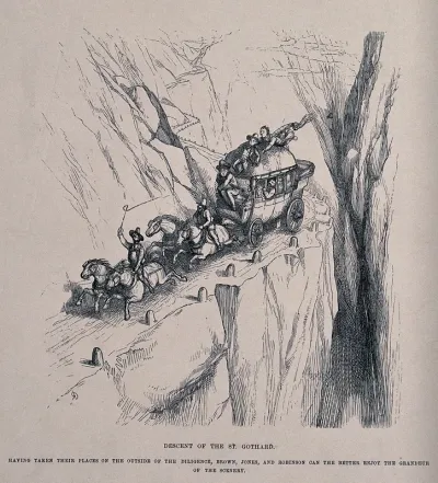 A coach heavily laden with passengers, some on the top, is being driven at speed around a hairpin bend on the St Gothard pass