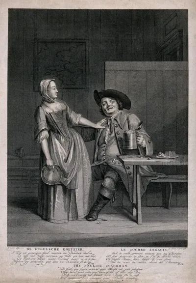 A coachman holding a full tankard of beer in one hand and caressing a lady with the other; verses in Dutch, French and English below