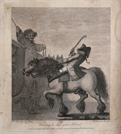 A coachman looks angrily at a man on horseback who has nearly collided with the coach