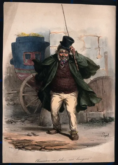A coachman with a riding whip stands in front of a carriage, raises his hat, and offers a ride to Charenton