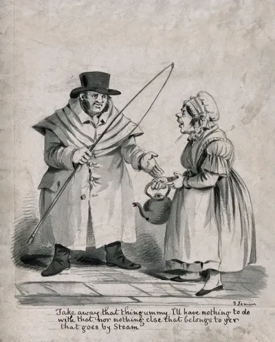 A coachman with a whip and a woman with a kettle: the man mistrusts anything using steam (implying steam trains)