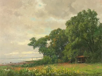 A coast with a fisherman mending nets near a cottage.