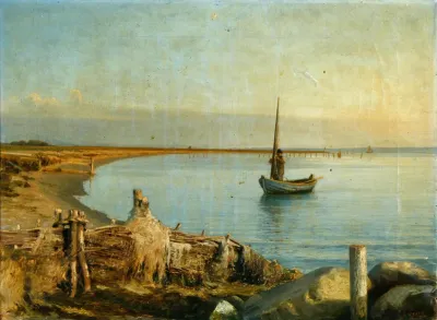 A coastal scenery with a fishing boat near the beach.