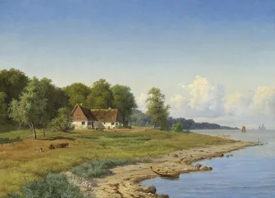 A coastal view from North Zealand with a thatched farmhouse.