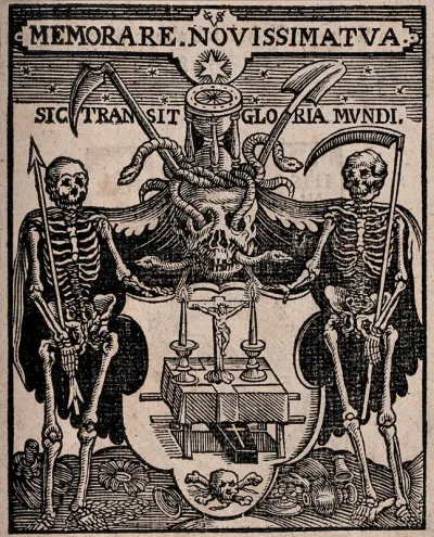 A coat of arms depicting an altar, a coffin and skull and crossbones, is flanked by two figures of death; above, a skull crowned with an hourglass