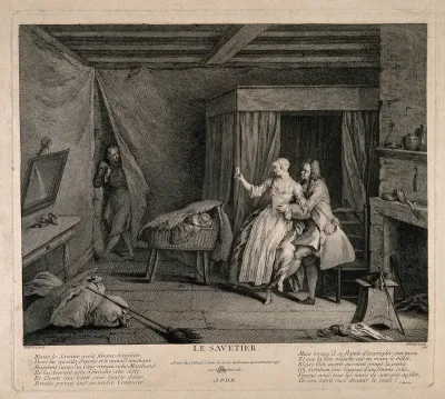 A cobbler purposely disturbing his beautiful wife and a rich merchant from beginning to repay his debt with sexual favours