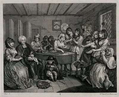 A coffin containing the body of Moll Hackabout surrounded by a parson among other so-called mourners