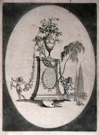 A collection of flowers in ornamental arrangement with garland, urn and cherubs