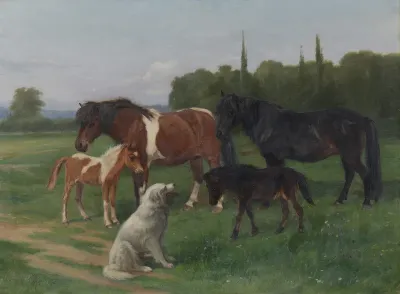 A Collie and Four Ponies