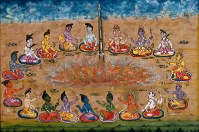 A column emerges from the sacrificial fire as eighteen deities perform a yagna, an old vedic ritual where offerings are made to the god of fire, Agni