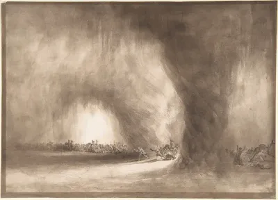 A column of oriental travelers scattered by a dust storm