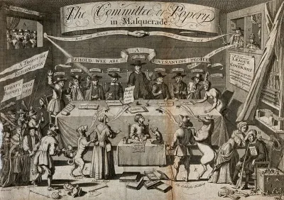 A committee of English Nonconformists of the Commonwealth era receiving petitions from people accused of bestiality (a woman with a dog and a man with a horse); representing the danger that Puritanism might be revived in 1680 and seize power in Great