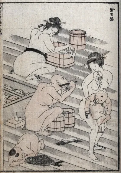 A communal bath house: women and children washing, a Buddhist nun shaving her head