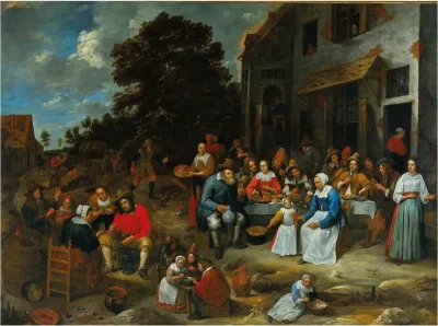 A company feasting outside a tavern