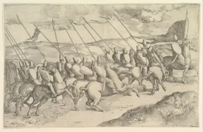A company of horsemen riding to the right