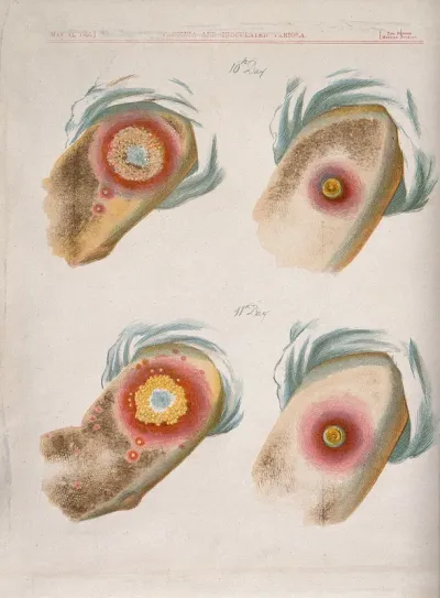 A comparison between smallpox and cowpox pustules on the 10th and 11th days of the disease