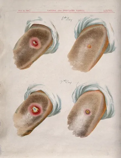 A comparison between smallpox and cowpox pustules on the 6th and 7th days of the disease