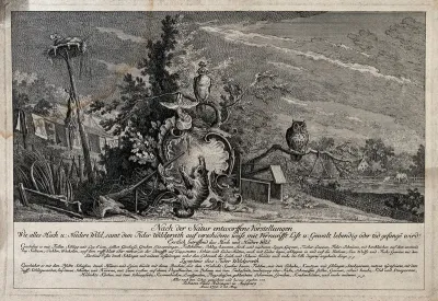 A compilation of hunting and trapping implements, arranged around a shell-shaped ornament into which a gin-trapped feline is clawing in its death-throes; including baits and decoys as well as birds of prey used for hunting
