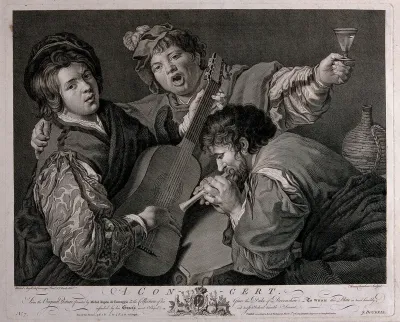 A concert: one man is playing a stringed instrument, another a small pipe and a third is singing and holding a glass of wine