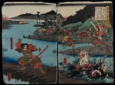 A confrontation on a shore, the samurai has leaped from his horse which has fallen in the mud; others fight behind him