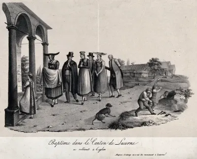 A congregation going to a baptism in the canton of Lucerne, Switzerland