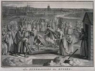 A congregation of Russian mourners preparing a corpse for burial