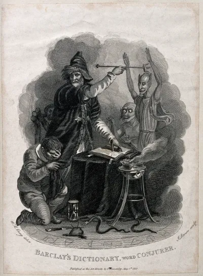 A conjurer casting spells with his wand and fire surrounded by a kneeling man and demons within the magic circle