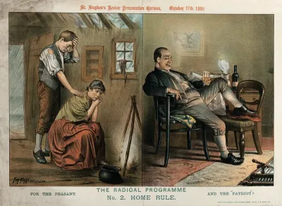 A contrast between the housing conditions of the Irish rural poor and those of the middle-class urban population, envisaged as the result of Home Rule for Ireland