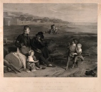 A convalescent soldier from Waterloo sitting with his wife and children