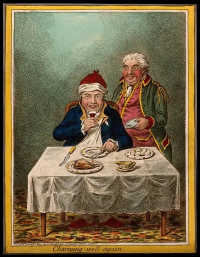 A convalescing man happily eating a meal, assisted by his grinning servant