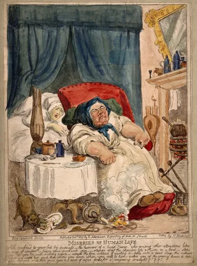 A convalescing woman trying in vain to rouse her slumbering hired nurse: the cat scavenges her food and the candle sets light to the carpet