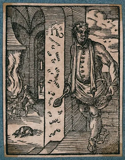A cook holding a saucepan and wooden spoon, while in the background another cook roasts meat on a spit