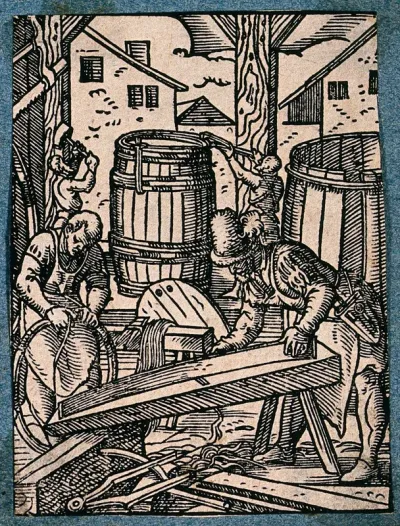 A cooper and his assistants making waterbutts and barrels for wine and beer