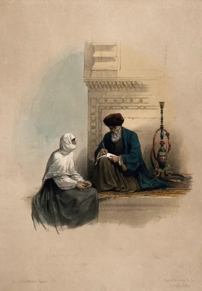 A Coptic Christian woman dictating a letter to a scribe, Cairo, Egypt