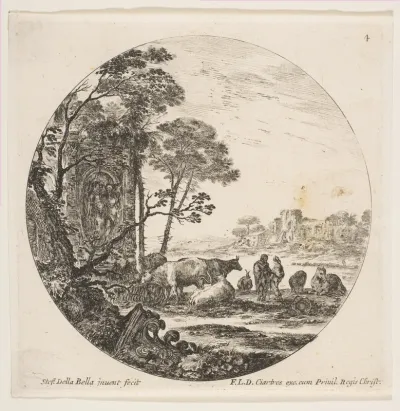 A Corinthian capital on the ground at left, a monument with figures in low relief at left in the middleground, various animals and two shepherds at right, plate 4 from "Roman landscapes and ruins" (Paysages et ruines de Rome)