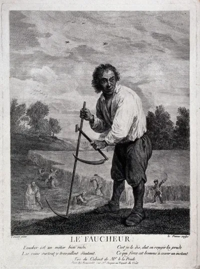 A corn-harvester, with a scythe and a sickle