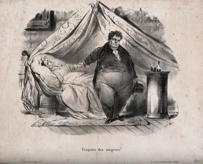 A corpulent physician diagnoses more leeches for a young woman, who lies drained and bedbound