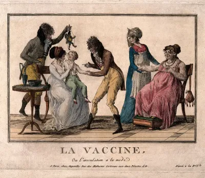 A corpulent woman provides the pustule for the vaccination of a child by a couple of dandified doctors