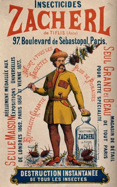 A cossack holds a spear on which insects are impaled; advertising Zacherl's insecticide