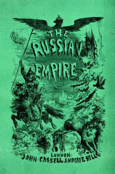A cossack on horseback, holding a spear; a wolf; instruments of serfdom; polar bears on icebergs; and an imperial eagle in the sky; representing the Russian Empire
